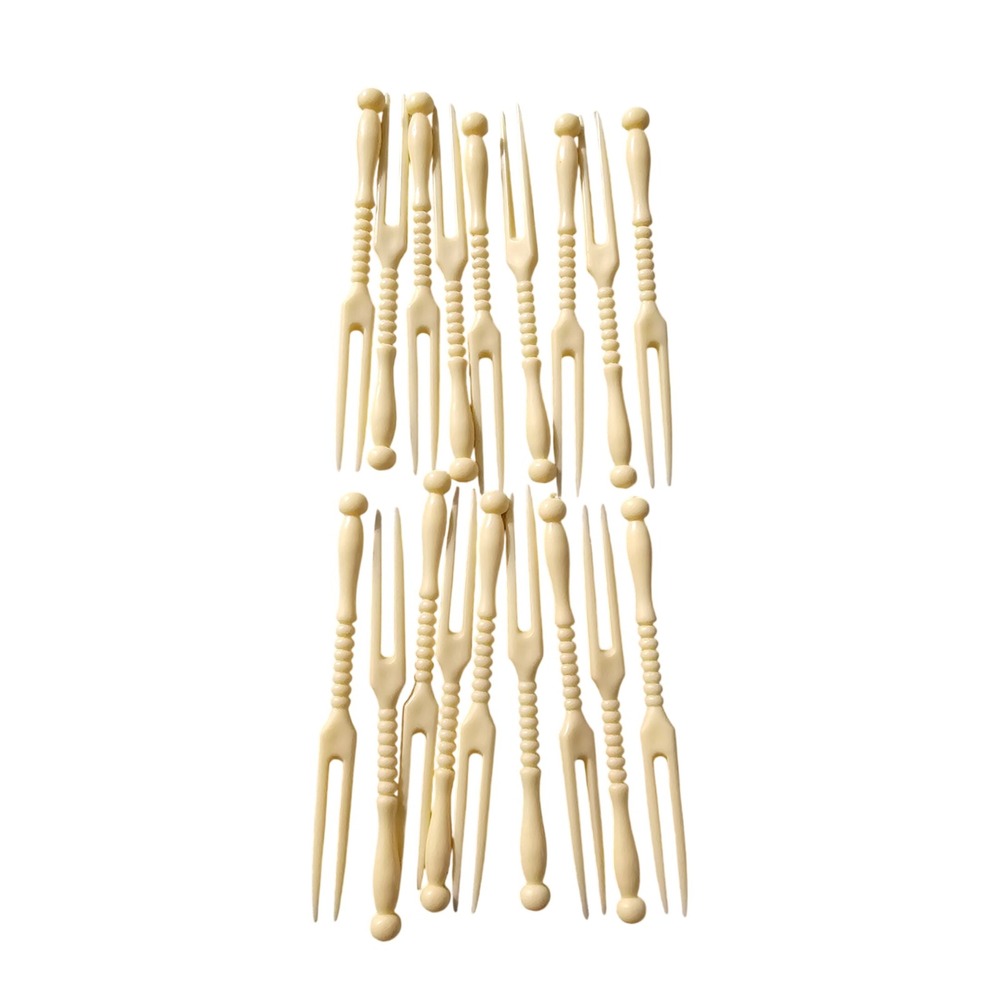 Vintage Set of 18 Cream Celluloid Cocktail Appetizer Picks Two-Prong Forks Ivory